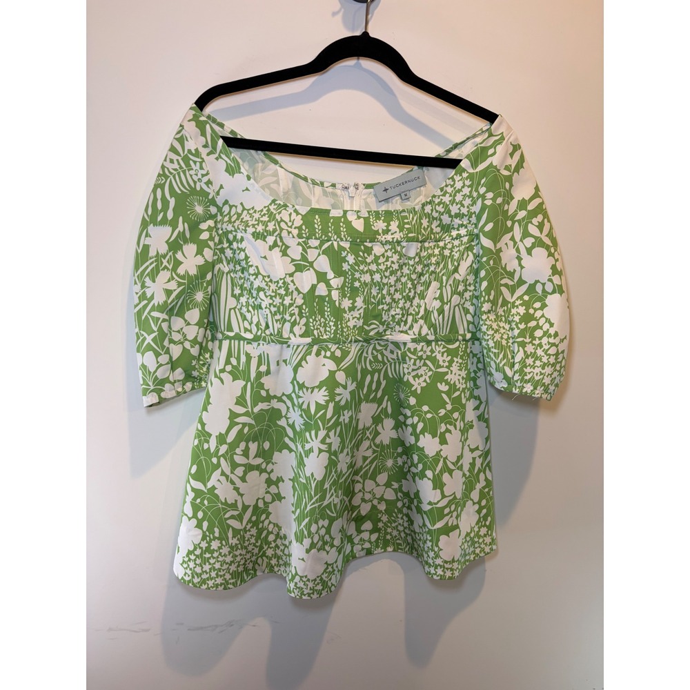 Tuckernuck Green White Floral Puff Sleeve Empire Waist Peplum Blouse Womens M